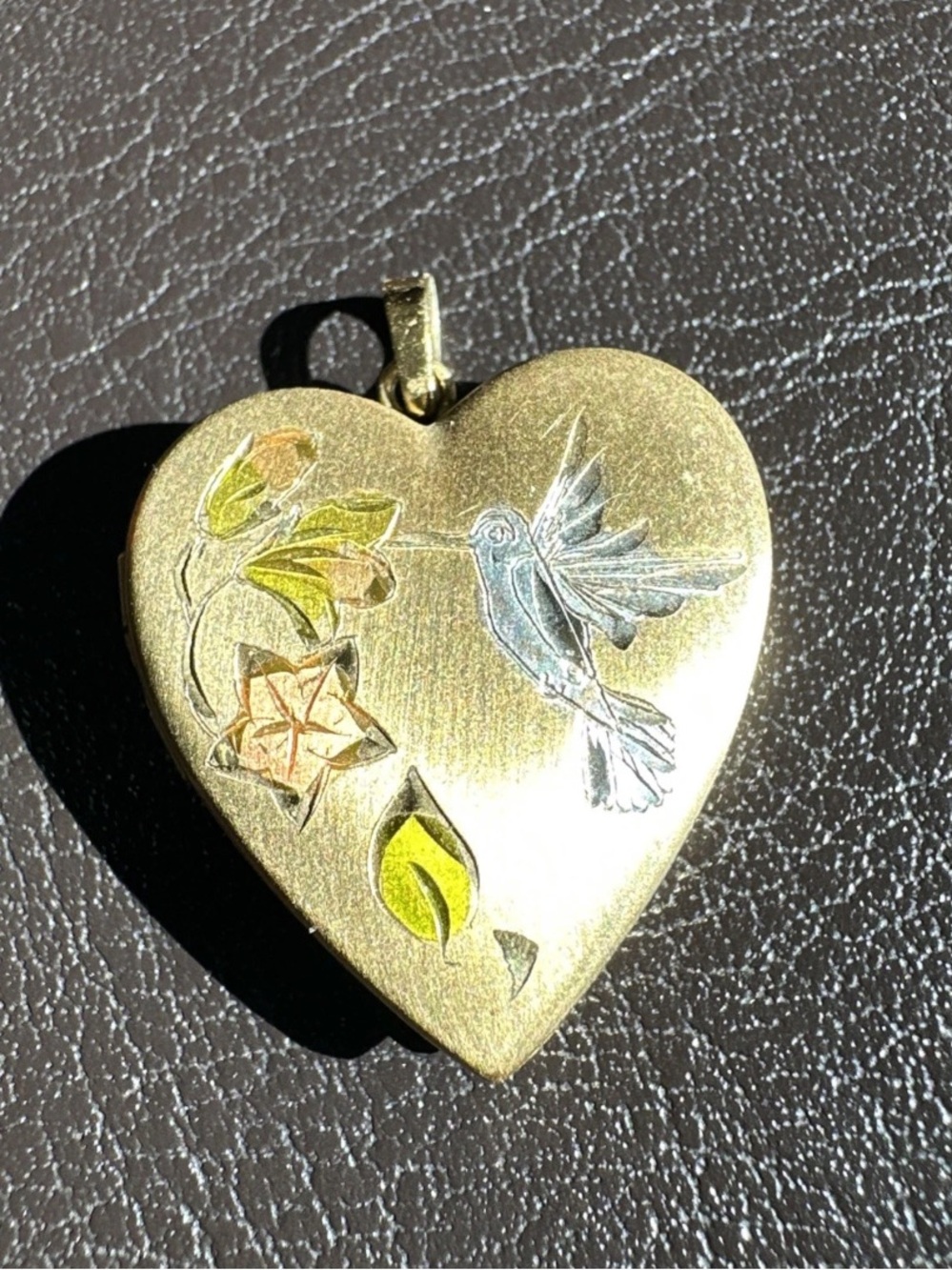 Vintage Floral Hummingbird Etched Heart Locket Pendant Charm GF Gold Filled